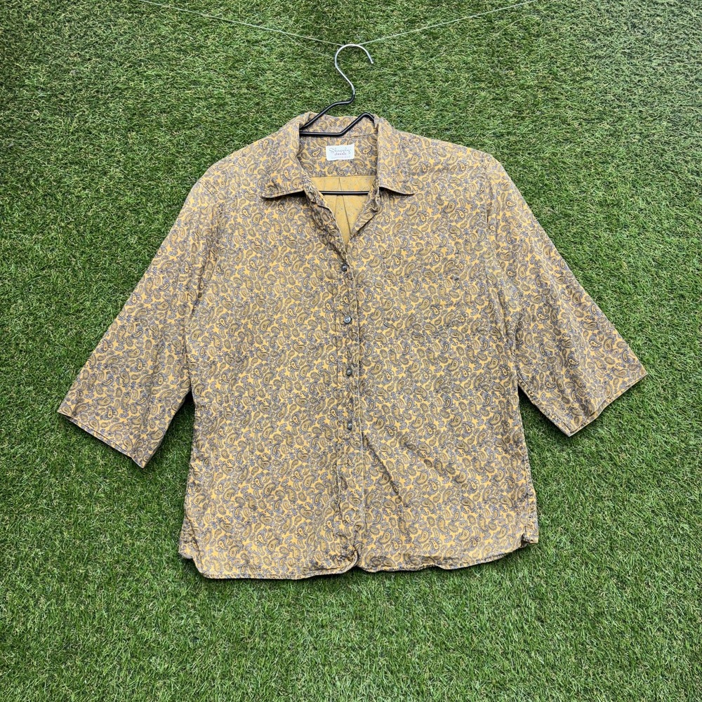 Vintage Shapely Classic Sanforized Shirt Womens Small Yellow Paisley 3/4 Sleeve